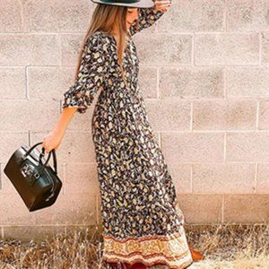 Boho Floral Print Long Sleeve Maxi Dress for Women - V Neck Casual Button Down